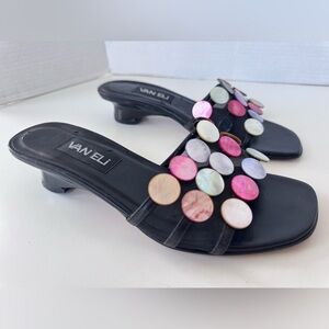 Vintage 90s Y2K VANELI Sequin Shell Slip On Wedge Sandals Shoes Size 7.5 *FLAWS